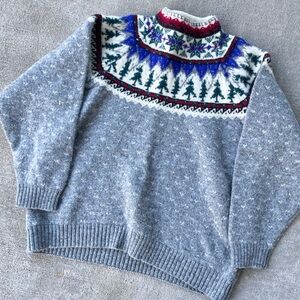 Vintage 90s Eddie Bauer wool mockneck sweater trees holiday winter top
